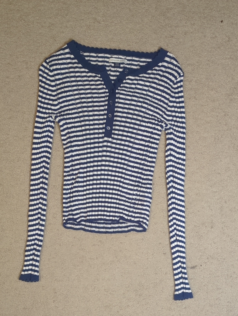 American Eagle Outfitters Navy & White Striped Henley Long-Sleeve Top